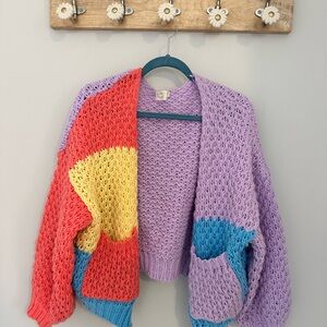 Dreamers Lavender Open-Front Crochet Cardigan with Coral, Yellow & Blue Panels